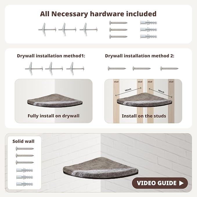 Wall Mounted Corner Cat Bed - Cat Shelf with Comfortable Cushion - Minimalistic Cat Furniture for Indoor Cats - Climbing Cat Perch for Wall, Walnut