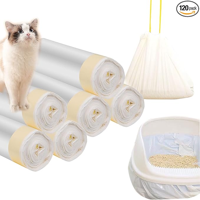 120 Count Cat Drawstring Litter Box Liners 26.6 * 16.7 inches 2 Mils Heavy Duty Leak-proof Cat Poop Bags Extra Durable Compatible with Litter Robot 3 & 4, 10-12 Gallons