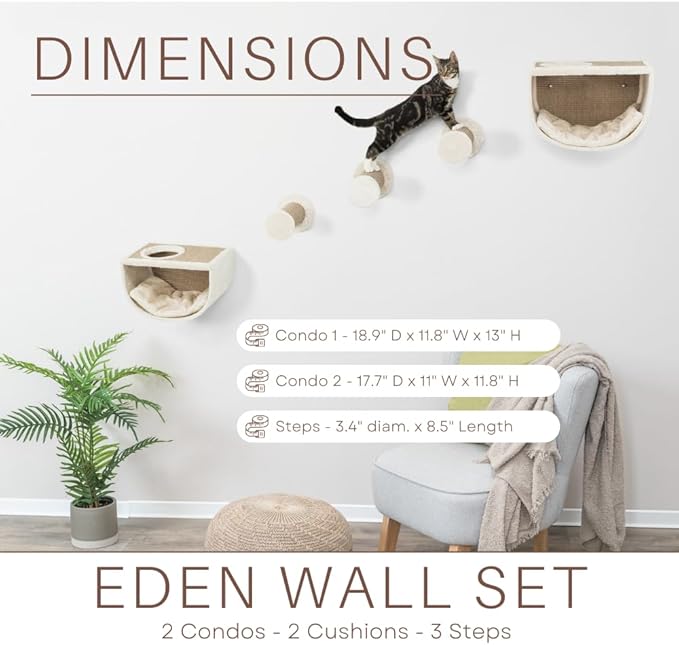 TRIXIE Eden Wall Mount Cat Tree 5pc Set, 2 Condos and 3 Perches/Steps, Scratching Post, Brown