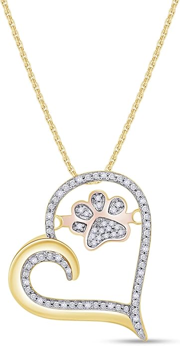 AFFY Paw Print Dog Cat Heart Pendant Necklace, 925 Sterling Silver & 10K Solid Gold Natural Diamond, Two Tone Heart Necklace for Pet Lovers, Elegant Silver Gift for Her