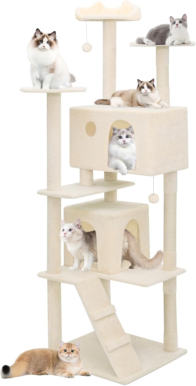 MoNiBloom Cat Tree, 77 Inch Cat Tree Tower with 2 Condo, Tall Cat Tower with Scratching Post, Cat Climbing Tower, Cat Tree for Indoor Cats, Beige