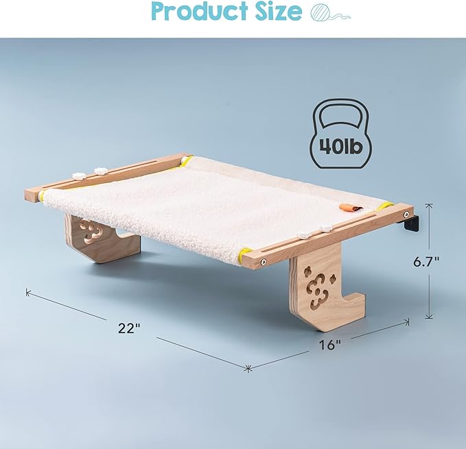 MEWOOFUN Sturdy Cat Window Perch Hammock Bed with Wood & Metal Frame for Cats Easy to Assemble for Windowsill, Bedside, Drawer and Cabinet More (Beige, M-22"x 14.5"x 6.7")