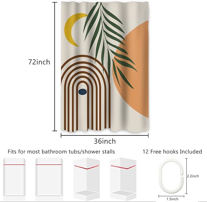 AWERT Small Half Size Stall Shower Curtain with 6 Hooks Shower Stall Curtain 36 x 72 Boho 36 inch Shower Curtain for Bathroom/RV and Camper (Boho)