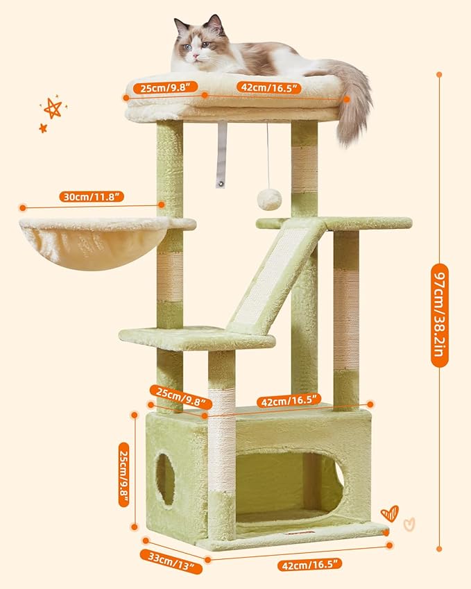 Taoqimiao Cat Tree,38.2-Inch Cat Tower for Indoor Cats,Suitable for Kittens with Luxurious cat condo with Adjustable Baskets and Luxurious Perch MS029SGB Green and Beige