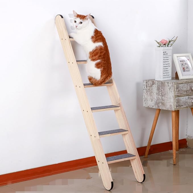 SHENGOCASE Solid Wood Wall Leaning Cat Ladder for Indoor Cats and Small Medium Dog, Cat Stair Step for Window Bed, Cat Wall Climbing Furniture (47.2")