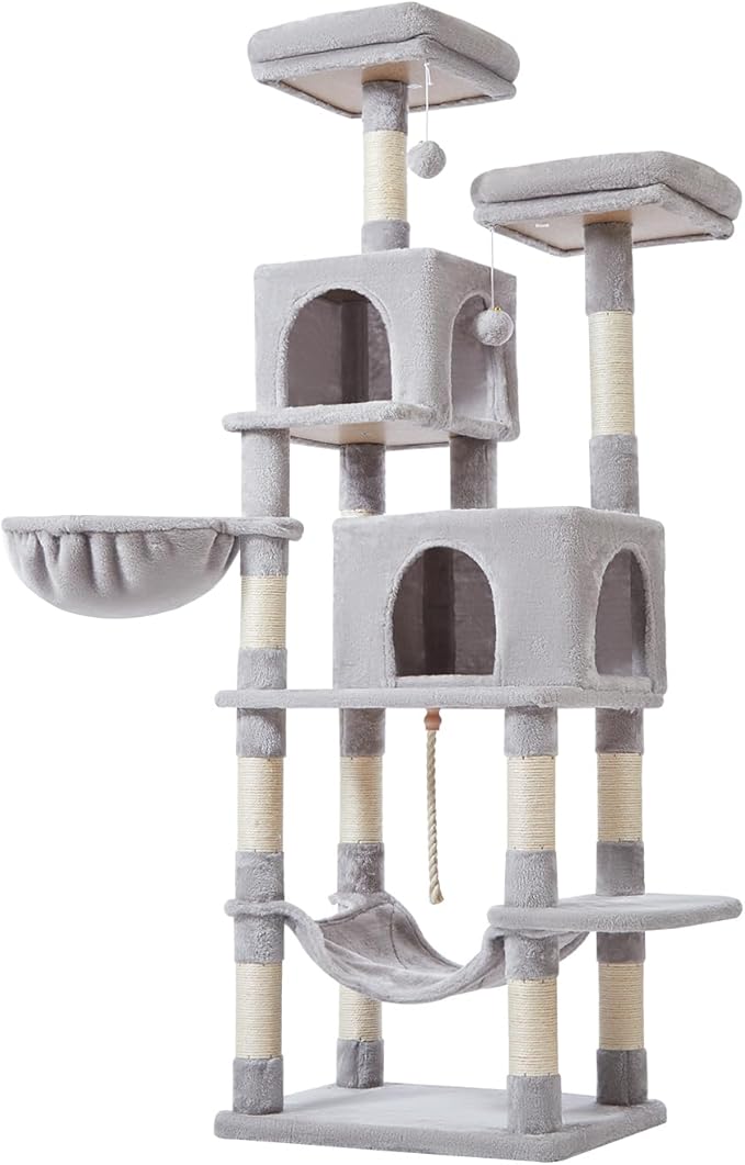 Taoqimiao 66-Inch Cat Tree Cat Tower for Indoor Cats, Plush Multi-Level Cat Condo with 12 Scratching Posts, 2 Perches, 2 Caves, Hammock, 2 Pompoms MS013W Light Gray