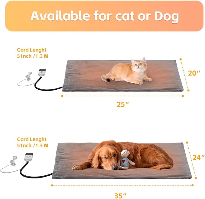 Cat heating Pad, 9 adjustable temperature, Pet heating pad, timer, removable washable waterproof heating cat bed, chewable cord, electric heating pad for cat (Grey, 35.0"L x 24.0"W x 0.6"TH)