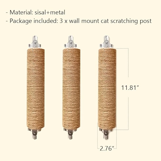 La La Pet® 3 Pack Punch Free Glass Wall Mount Cat Scratching Post Sisal Cat Scratcher Post Cat Wall Climbing Scratcher Cat Wall Furniture Cat Claw Scratcher for Indoor