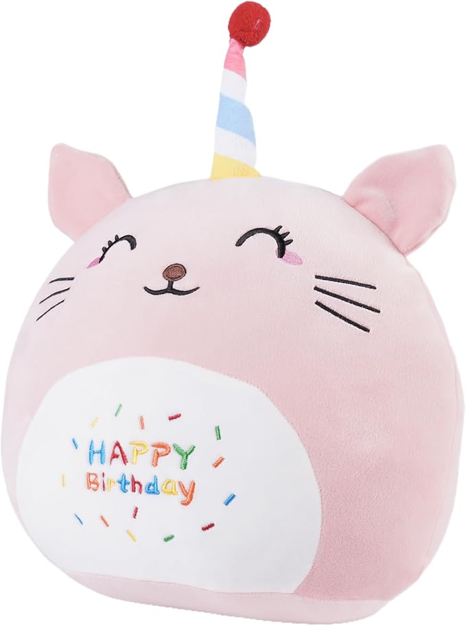 16 Inch Plush Birthday Cat Kitty Stuffed Animal Happy Birthday Cat Hugging Pillow Birthday Cat Plushies Throw Pillow Birthday Pink Cat Kitten Anime Gift for Kids and Lovers