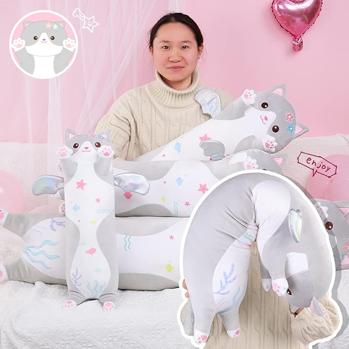AIXINI Long Cat Plush Pillow Cartoon Cute Gray Cat Stuffed Animals, Soft Kawaii Kitten Plushies Pillow Toy for Kids (Gray,19.7inch)
