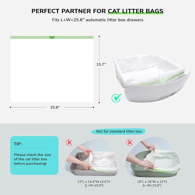 65 Count Drawstring Cat Litter Bags for Most Auto Self-Cleaning Litter Box, Extra Thick Pet Litter Drawer Liners Replacement, Durable Cat Waste Bags, Unscented, 25.6'' W x 15.7'' H