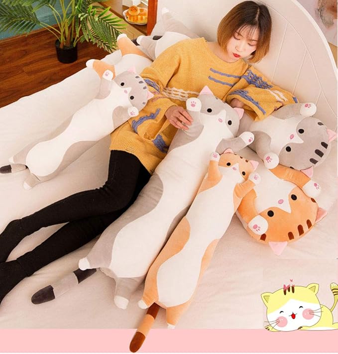 123Arts Cartoon Cat Soft Plush Long Throw Pillow Lifelike Animal Neck Pillow Plush Toy