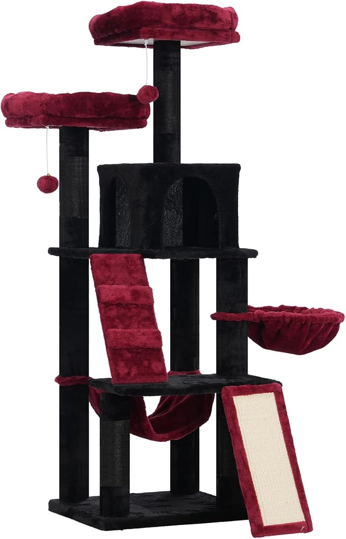 Heybly Gothic Cat Tree, Halloween Cat Tower for Indoor Cats,Multi-Level Cat Furniture Condo for Cats with Padded Plush Perch, Cozy Basket and Scratching Board,Black and Red HCT014BR