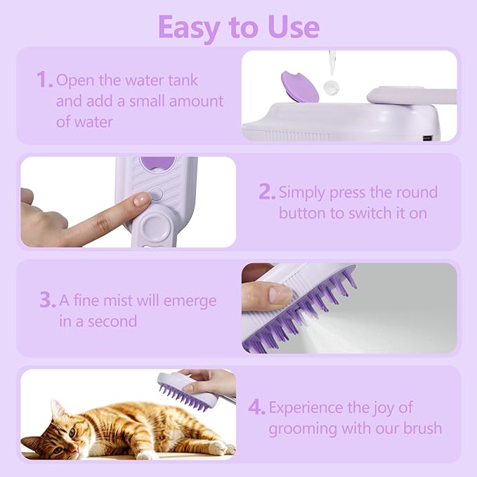 3-in-1 Cat Steam Brush for Shedding, Rechargeable Cat Brush with Gentle Mist, Pet Hair Steam Brush for Cats and Dogs, Spritz Defur Comb for Cats (Purple)