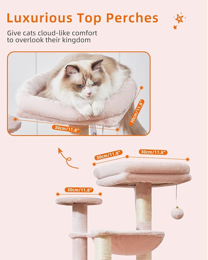 Taoqimiao Cat Tree, 39.4-Inch Cat Tower for Indoor Cats,Suitable for Kittens,Plush Cat Condo with 5 Scratching Posts, Plush Perch,2 Hammock,Pompoms, MS019P Jelly Pink