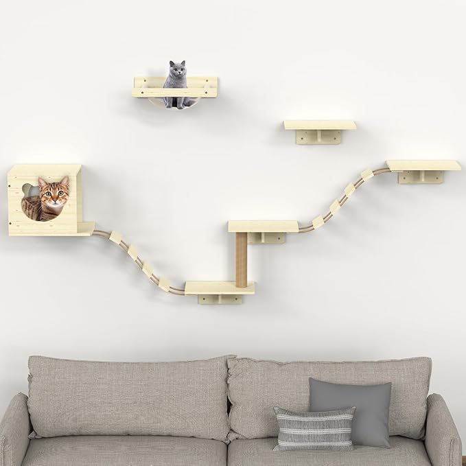 Cat Wall Shelves, Cat Wall Furniture, Cat Wall Mounted with 1 Cat House, 1 Cat Hammock, 2 Ladder, 4 Cat Perchs, 1 Cat Scratching Post for Cat Sleeping Playing Climbing