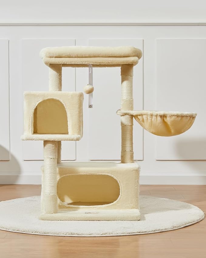 Taoqimiao Cat Tree,37.8-Inch Cat Tower for Indoor Cats,2 Luxurious cat condo with Adjustable Large Hanging Baskets and Large Luxurious Perch Beige MS029M