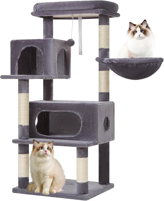 Taoqimiao Cat Tree,48.8-Inch Cat Tower for Indoor Cats,2 Luxurious cat condo with Adjustable Large Hanging Baskets and Large Luxurious Perch Smoky Gray MS029LG