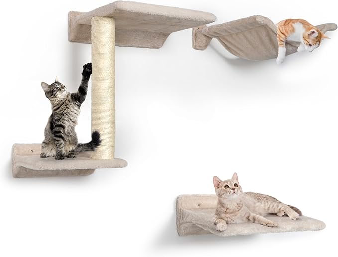 Cat Wall Furniture Shelves - 5 Pcs Wall-Mounted Cat Furniture, Including 2 Cat Steps, 1 Perches, 1 Cat Hammock, 1 Sisal Cat Scratcher Post, DIY Cat Walls Playground for Large Cats