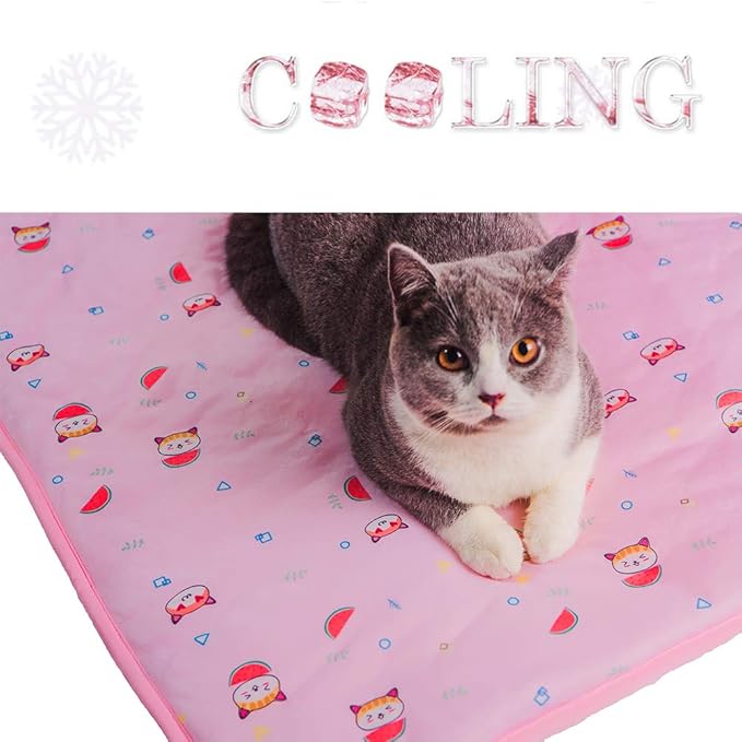 SEIS Dog Ice Pad Ice Silk Cats Kennel Mat Pet Cooling Pad Summer Cool Bamboo Mat Breathable Pad (Pink Cat, M