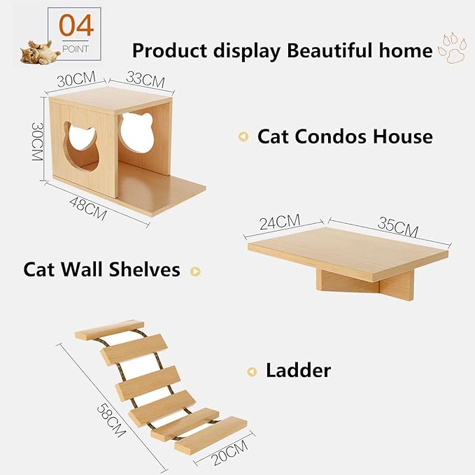 Cat Wall Shelves, 3 Levels Cat Furniture with 1 Condo, 2 Shelves, 1 Scratching Post, 1 Bridge Ladder, Pine Wood