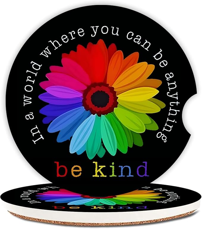 Absorbent Car Coasters 2 Pack for Cup Holders, 2.56" Ceramic Stone & Non-Scratch Cork Base Drink Coasters, Auto Accessories for Women & Men（Colorful Sunflower）