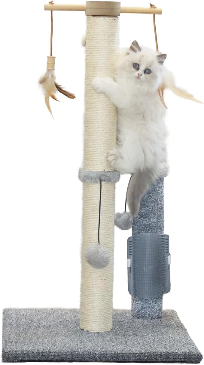 PAWSFANS Cat Scratching Post,Sisal Scratch Posts Vertical Scratcher for Indoor Cats and Kittens,with self Grooming Bursh and Interactive Toys 30 Inches Tall Grey