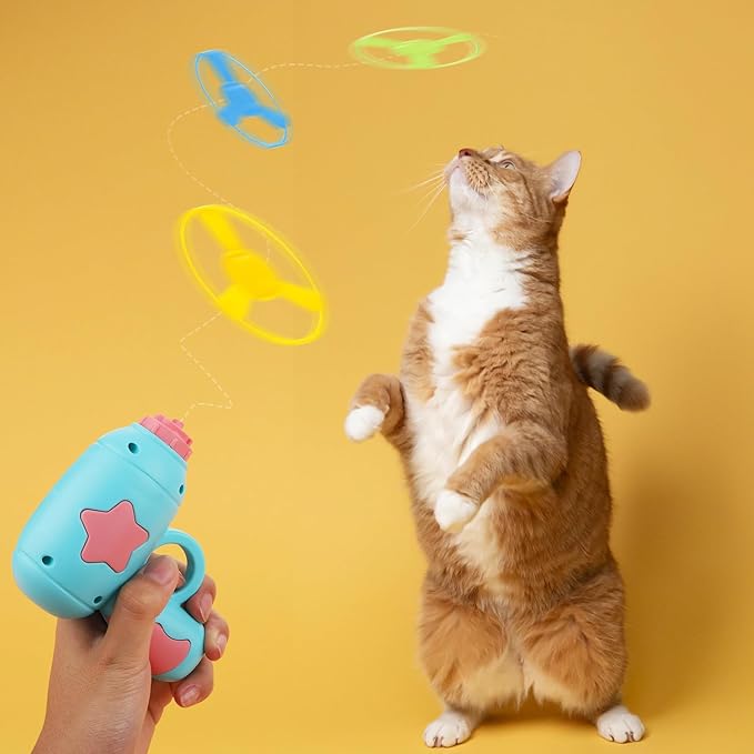AIEX Flying Disc Launcher Cat Toy Launcher with 6pcs Flying Discs 2pcs Luminous Spinning Tops, Helicopter Cat Fetch Toy Dog/Cat Interactive Toys for Training, Chasing, Playing