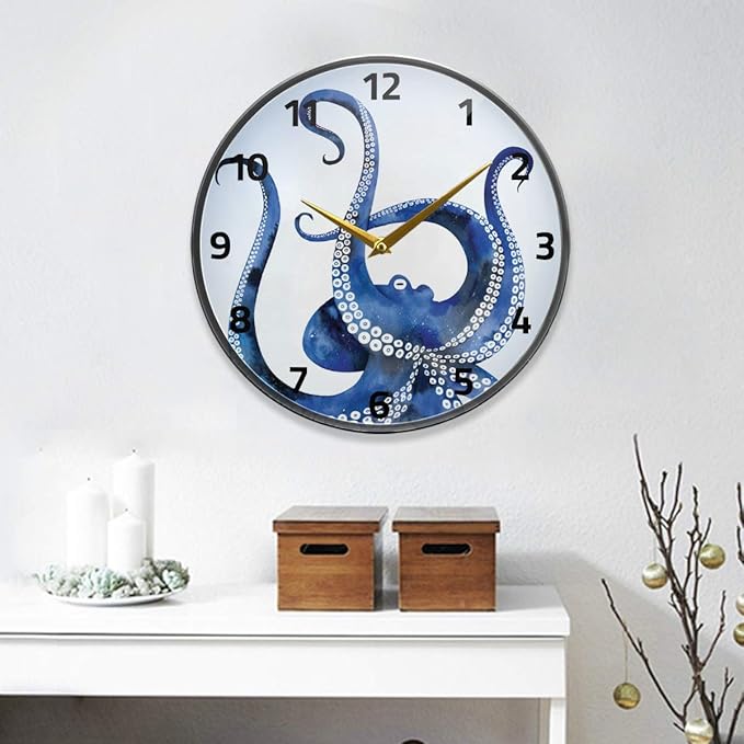 ALAZA Blue Marine Kraken Octopus Wall Clock Battery Operated Silent Non Ticking Clocks for Living Room Decor 12 Inch / 9.5 Inch
