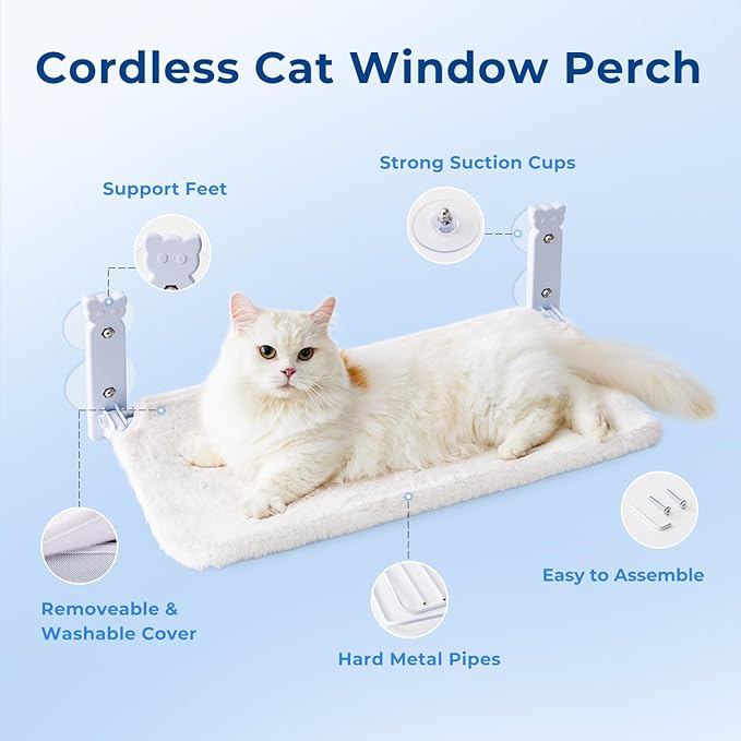 Cat Window Perch for Cats Inside, Foldable Cat Window Hammock for Cats Indoor, Cordless Cat Window Bed Seat with 4 Suction Cups, Sturdy Metal Frame, Soft Reversible Cover, Medium, White