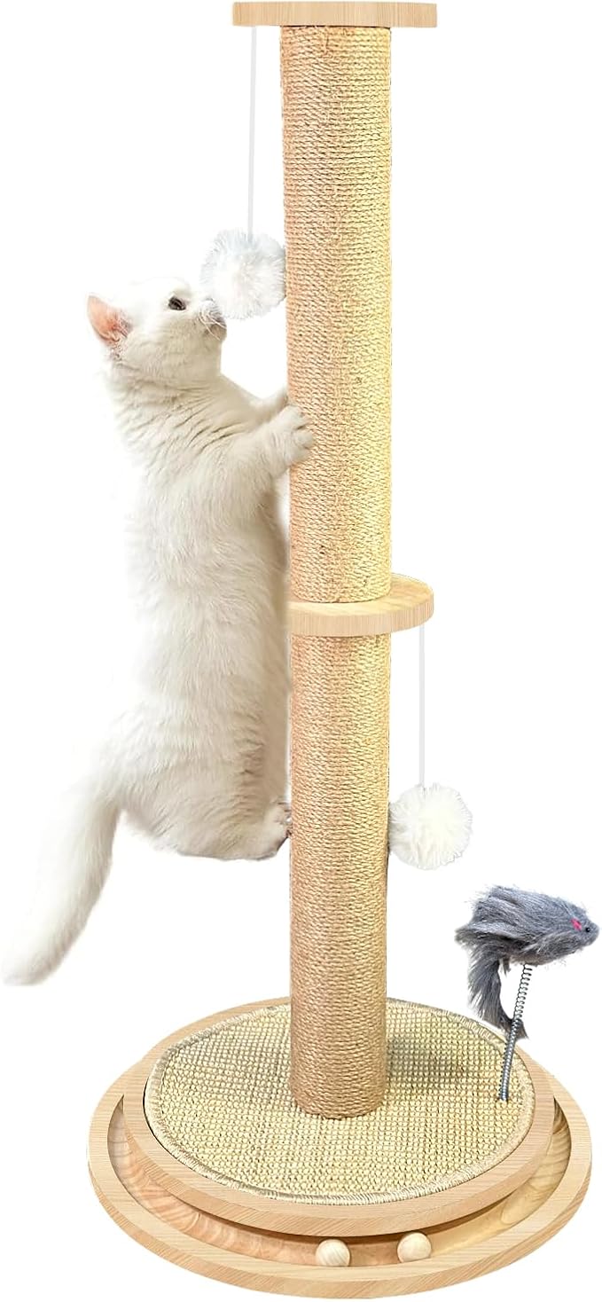 Cat Scratching Post Sisal Scratch Posts with Solid Wood Tracking Interactive Toys Vertical Scratcher,Spring Mouse and Scratch Board Interactive cat Toys for Indoor Cats and Kittens-