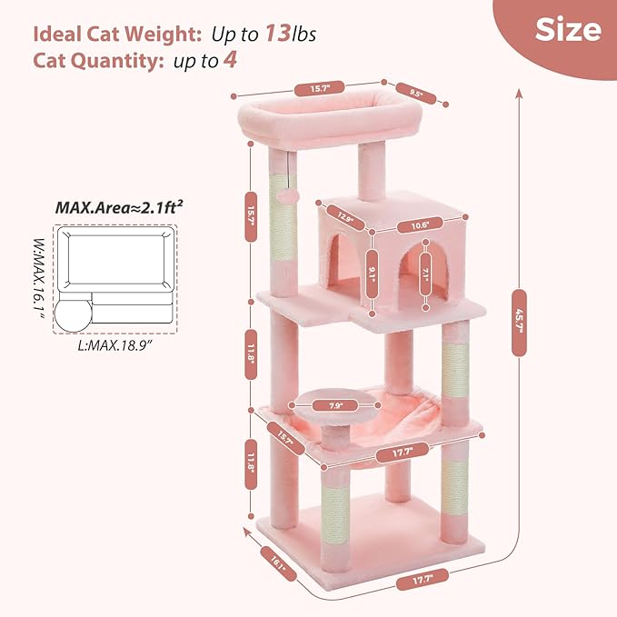 PETEPELA 45.7" Cat Tree for Indoor Cats, 5-Level Cat Tower for Large Cats with Metal Frame Large Hammock (17.3"x15.3"), Cat Condo with (18.5"x13") Big Top Perch & 4 Sisal Covered Scratching Post, Pink