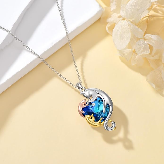 AOBOCO Valentine Cat Necklace for Women 925 Sterling Silver Cat Pendant Necklace Embellished with Crystals from Austria Jewelry Gifts for Cat Lovers