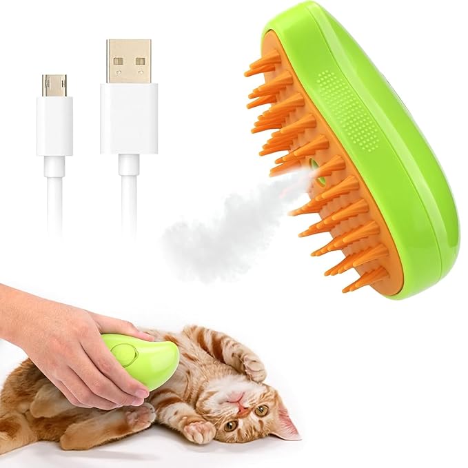 3in1 Steam Grooming Tool: Shedding Massager, Hair Removal Comb for Cats and Dogs, Green