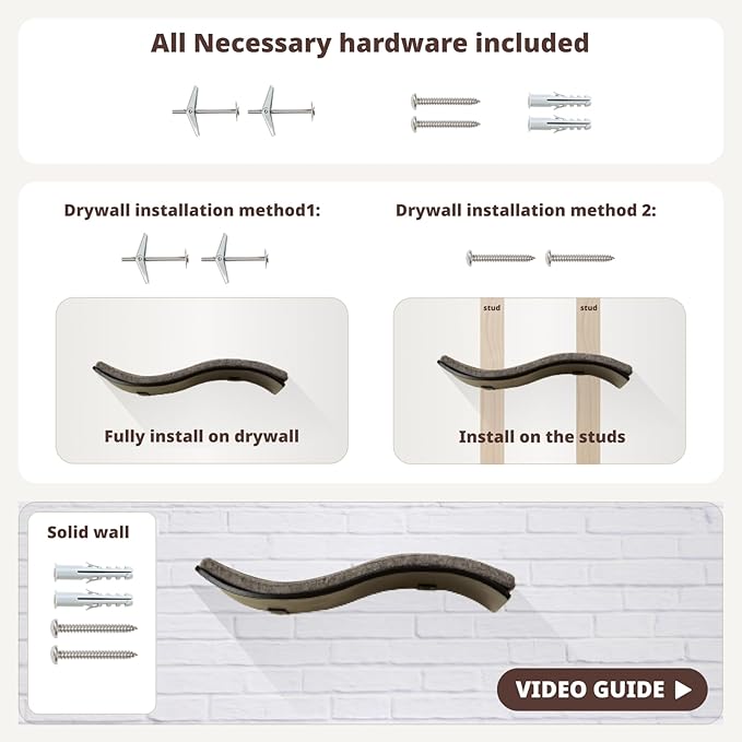 Cat Shelf with Comfortable Cat Cushion - Wave Modern Cat Bed - Minimalistic Floating Cat Wall Perch - Wooden Wall Mounted Cat Furniture for Sleeping, Playing, Climbing, and Lounging, Walnut