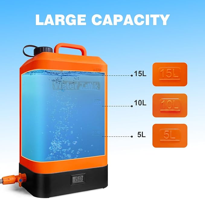 B. TAWD 4.5 Gallon Silicone Water Tank, Portable Camping Shower, USB Battery Charging, Solar Heating, with Shower Head, Electric Portable Outdoor Shower, Built-in Thermometer, Beach, Camping, Hiking
