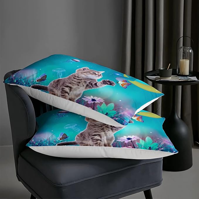 AILONEN Cat Bedding Set Full Size with Girl Sitting on The Moon and Jellyfish Comforter Set for Kids Boys Girls,Dreamy Starry Soft Breathable Duvet Set 3 Pieces, 1 Quilt and 2 Pillowcases