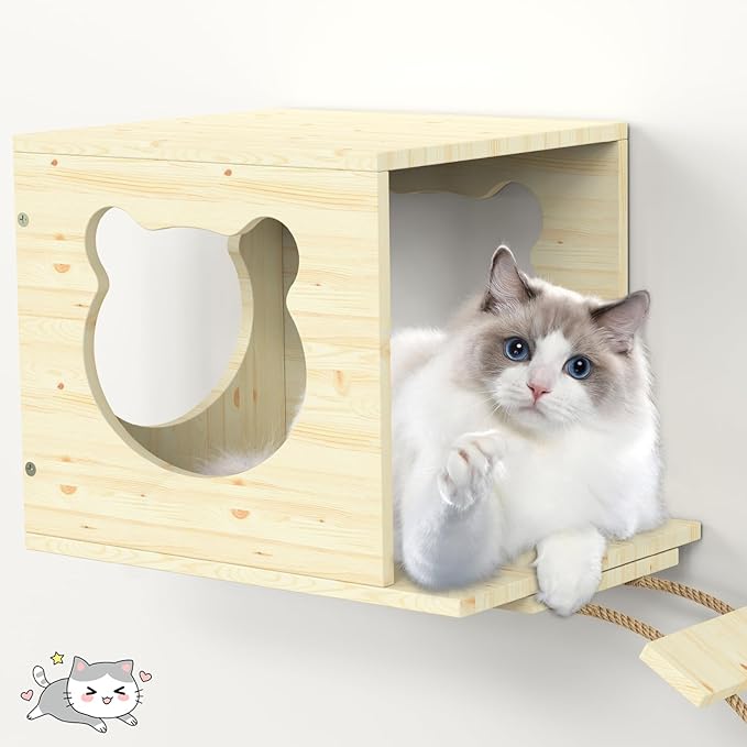 Cat Wall Shelves, Cat Wall Furniture, Cat Wall Mounted with 1 Cat House, 1 Cat Hammock, 2 Ladder, 4 Cat Perchs, 1 Cat Scratching Post for Cat Sleeping Playing Climbing