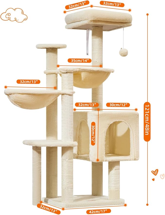 Taoqimiao Cat Tree, 48-Inch Cat Tower for Kittens, Cat Tree Tower with 5 Scratching Posts, Plush Cat Condo with Plush Perch, 2 Hammock, Pompoms, Light Gray MS019L-M