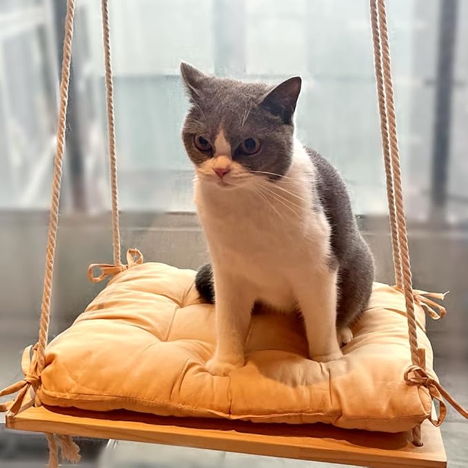 Cat Window Perch, Cat Window Rack with Gunny Rope and Thick Cushion, Wooden Cat Window Hammock, Furniture for Cats - Hanging Window Shelf for Cats