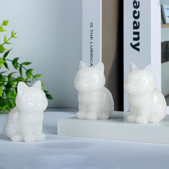 1.6 Inch Crystal Cat Statues, White Marble Cat Figurines, Healing Crystal Kitty Figurine Decor, Cute Lucky CatStatues for Gifts, Handcrafted White Jade Figurines for Home Ornaments