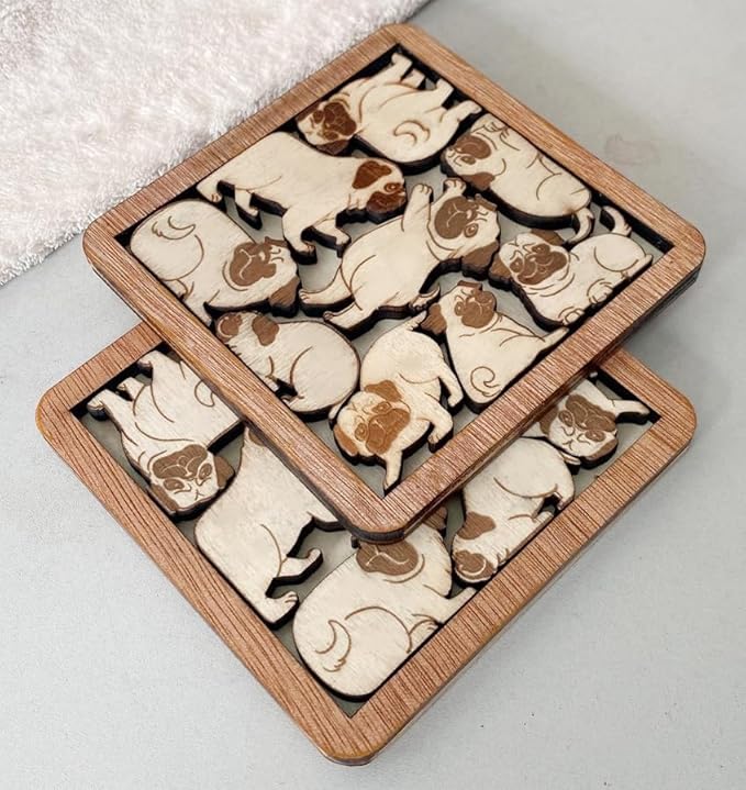 02 Pug Dog Coaster - Pug Dog Puzzle Wooden Coaster Set - Interlocking Jigsaw Drink Mats with Laser-Cut Design for Pug Lovers (Pug Dog)