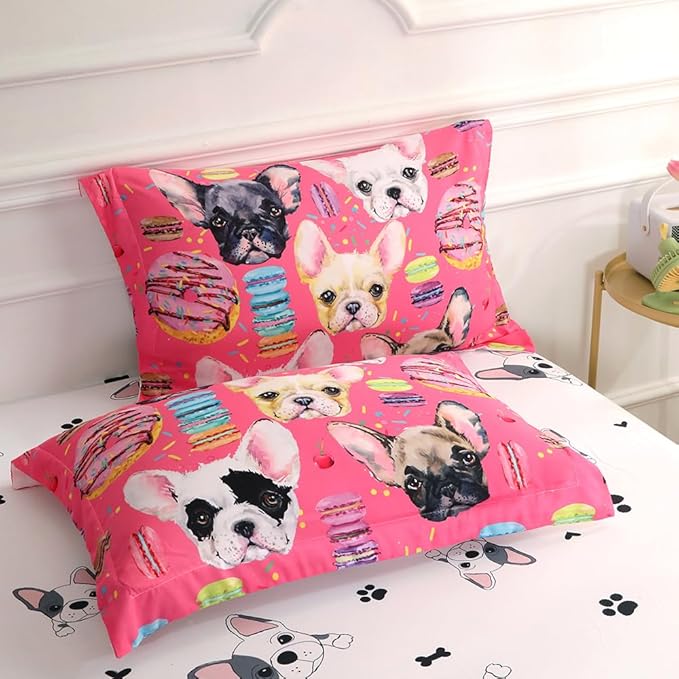 7 Piece Dog Comforter Set Twin Size for Kids Cute 3D French Bulldog Dogs Bedding Bed in A Bag for Teens Boys Girls All Season Watercolor Pink Animal Themed Comforter