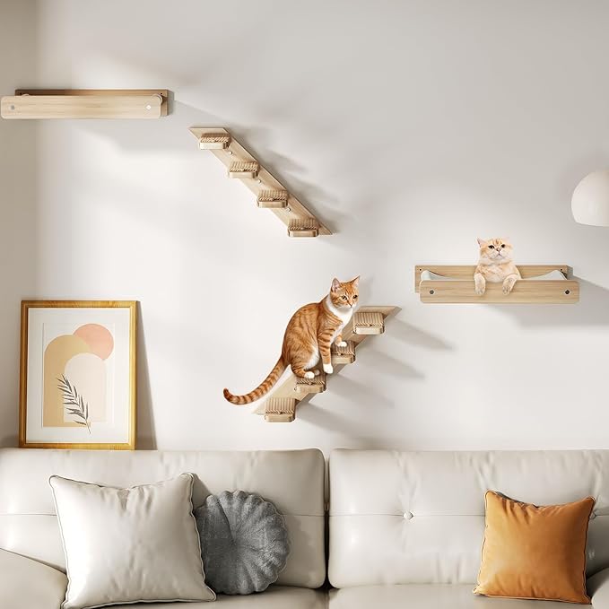 HOOBRO 4-Tier Wooden Cat Climbing Wall Shelves, Wall-Mounted Cat Wall Shelves Furniture, Cat Wall Step with Jute Scratching Rope, Solid Oak, 40-lb Load Capacity, Easy to Assemble, Natural NL12CS03N1