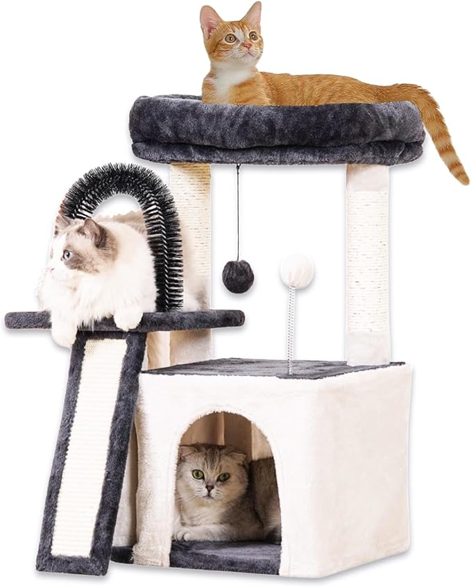 Happi N Pets Cat Tree Tower for Indoor Cats, Multi-Level Cat Tree with Scratching Posts & Pads, Cozy Cat Perch, Cat Self Groomer and Interactive Toys, Featuring with Large Cat Cave, Light Gray