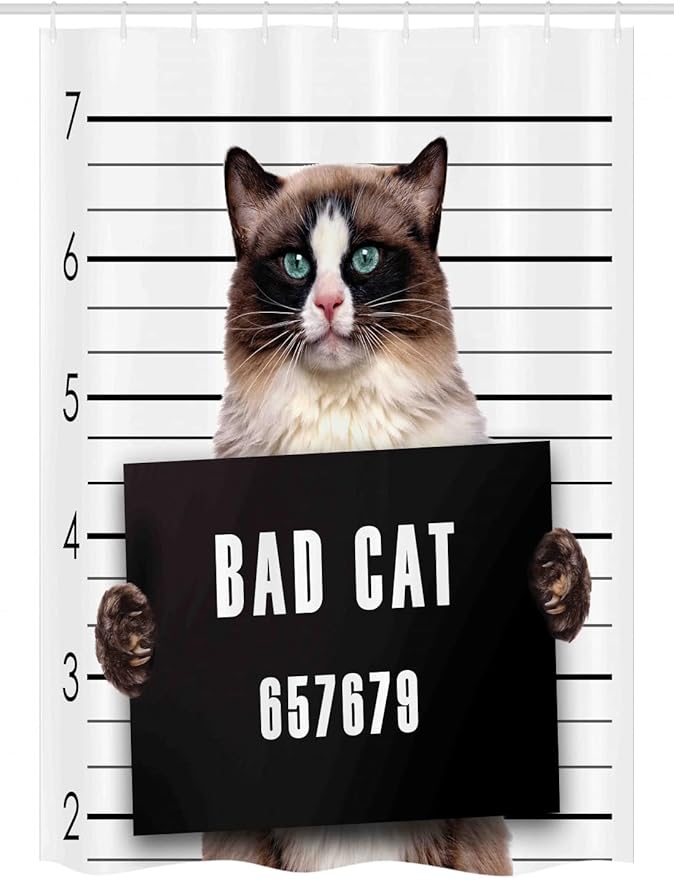 Ambesonne Cat Stall Shower Curtain, Bad Gang Cat in Jail Kitty Under Arrest Criminal Prisoner Hangover Work, Fabric Bathroom Decor Set with Hooks, 54" W x 78" L, Brown Black White