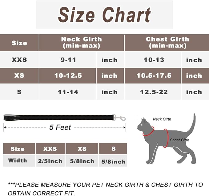 Cat Harness and Leash Set for Walking Escape Proof for Small Large cat Kitten Harness with ID tag Pocket (Black,XS)