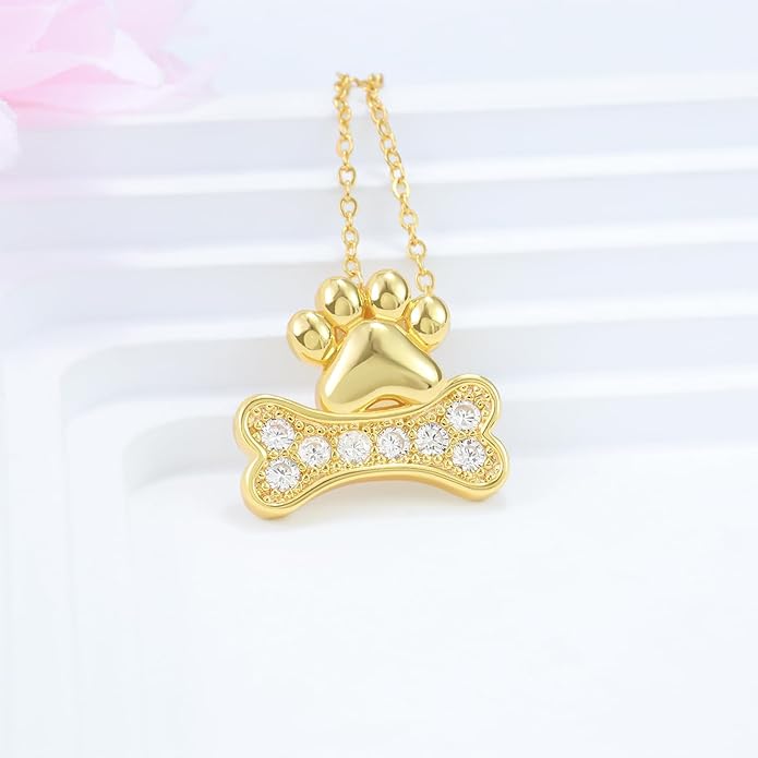 925 Sterling Silver Plated Gold Cute Paw Print Pendant Necklace for Women Dog Bone Necklace Cat Pet Paw Puppy Gifts for Dog Pet Lover Paw Animal Jewelry 18 inches Birthday Party