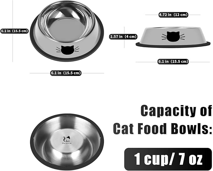 2Pcs Cat Bowls Non-Slip Stainless Steel Small Cat Food Bowls Unbreakable Thicken Cat Feeder 7 Oz Cat Dishes Suitable for Indoor Small Pets Removable Rubber Base Easily Clean Lovely Color
