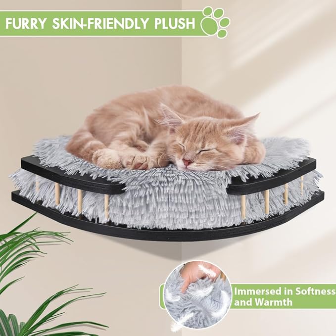 Cat Wall Furniture Set with Plush Cushion, Cat Hammock Cat Wall Shelves with 3 Cat Wall Steps, Cat Shelves and Perches for Wall Climbing Shelves for Indoor, Black Indoor Cat Shelves Wall Mount